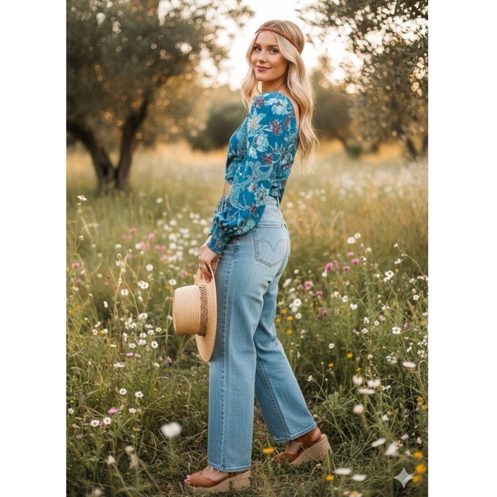 New BAND OF THE FREE Sybille Teal Boho Floral Long Sleeve Crop Blouse Sz XS